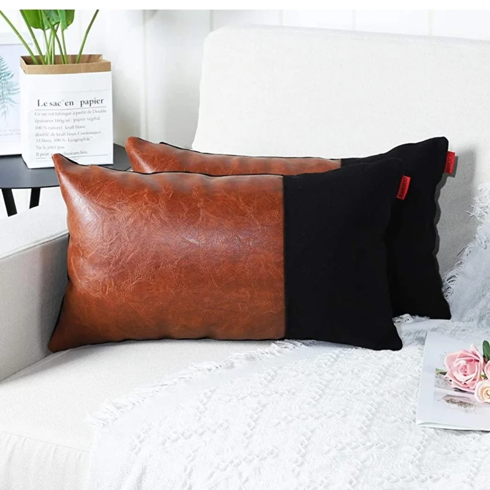 New! Set of 2 faux leather faux fur brown black decorative pillow covers